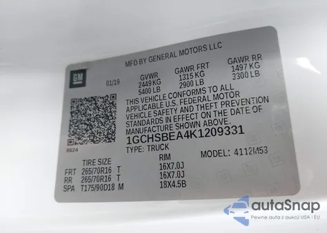 2019 Chevrolet Colorado Wt z USA, uszkodzony, nr VIN 1GCHSBEA4K1209331